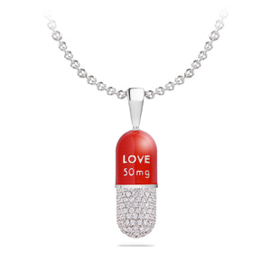 50 mg of Love Capsule Pendant, White Gold, Top Painted Red and Bottom Pave Diamonds